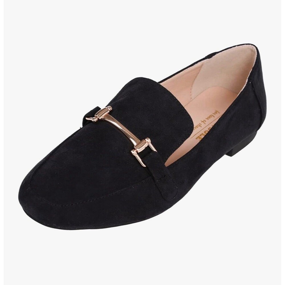 Feversole Loafer Shoes Womens Sz 7.5 Black Faux Suede Gold Trim Slip On Flats